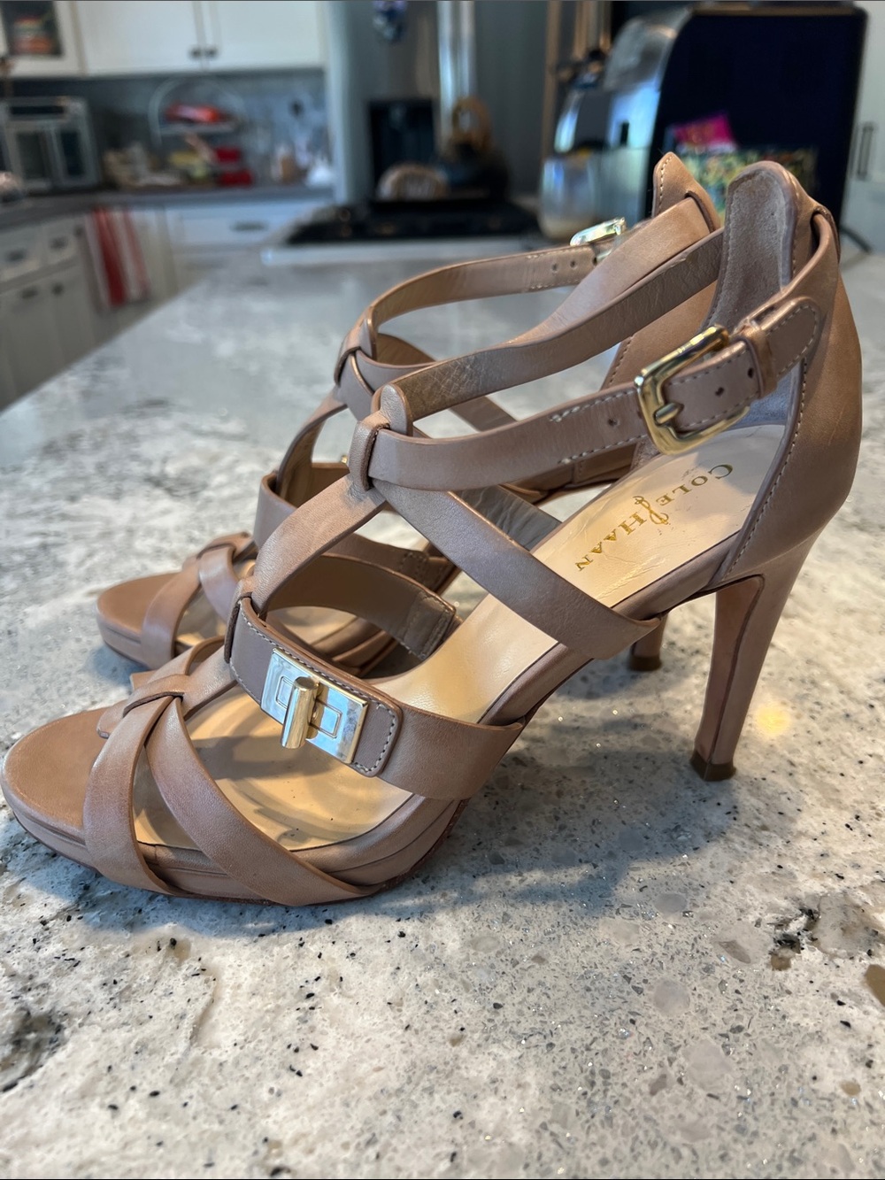 Cole Haan Nike Air Nude Beige Strappy Buckle Heels Stiletto Sandals Size 7 EUC - Picture 4 of 11